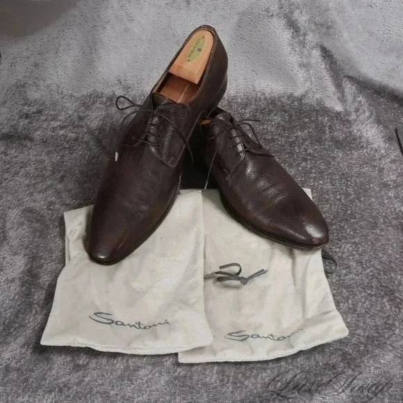 Santoni Grained Leather Burnished Espresso Derby Shoes 13 Made in Italy - Picture 1 of 10